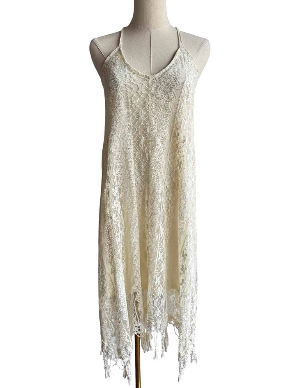 Maurices Full Lace Slouchy Boho Dress Sz M Cream Beachy Sundress Halter Summer